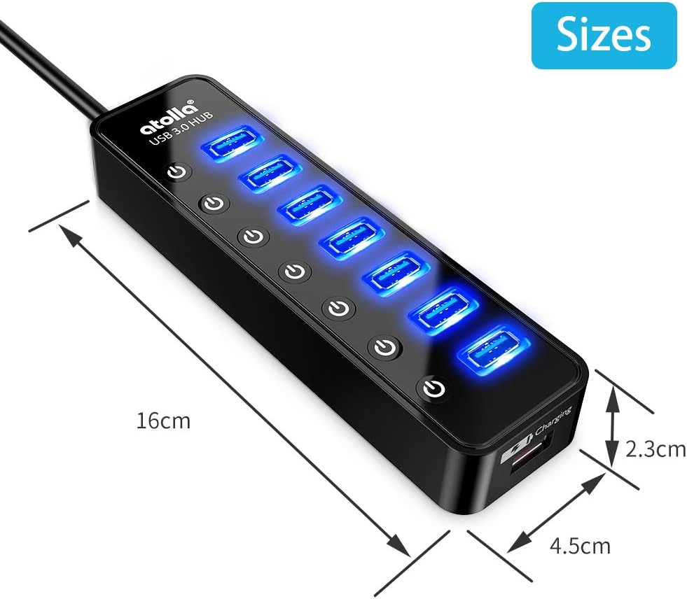 Powered USB Hub 3.0, Atolla 7-Port USB Data Hub Splitter with One Smart Charging Port and Individual On/Off Switches and 5V/4A Power Adapter USB Extension for MacBook, Mac Pro/Mini and More. - Image 7