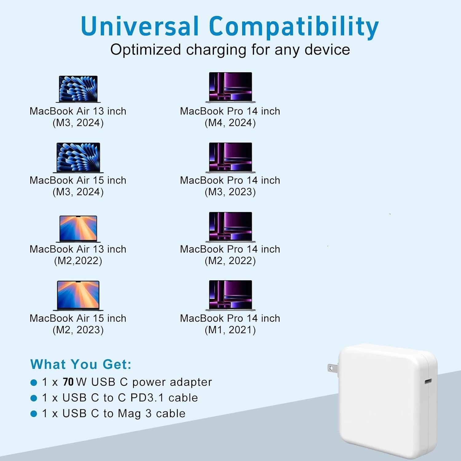 Charger for Mac Book Air 15 13 Inch Mac Book Pro14 Inch M4 M3 M2 M1 from 2024 2023 2022 2021 70W USB-C to Mag 3 Power Adapter Include 6.6FT 5A USB-C to Magnetic 3 Cable (Original Quality) - Image 3