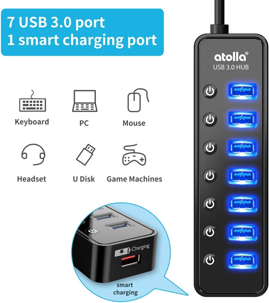 Powered USB Hub 3.0, Atolla 7-Port USB Data Hub Splitter with One Smart Charging Port and Individual On/Off Switches and 5V/4A Power Adapter USB Extension for MacBook, Mac Pro/Mini and More. - Image 3