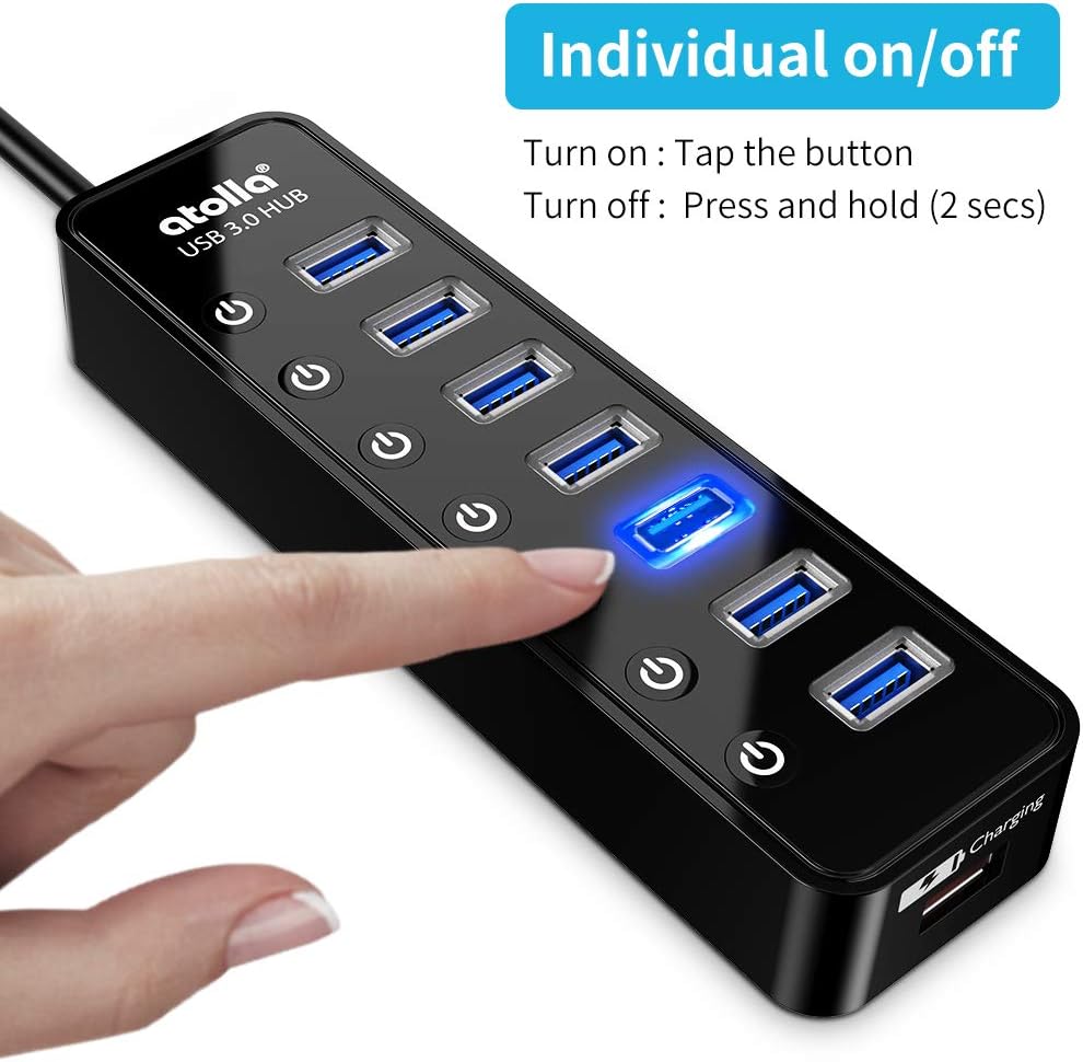 Powered USB Hub 3.0, Atolla 7-Port USB Data Hub Splitter with One Smart Charging Port and Individual On/Off Switches and 5V/4A Power Adapter USB Extension for MacBook, Mac Pro/Mini and More. - Image 4