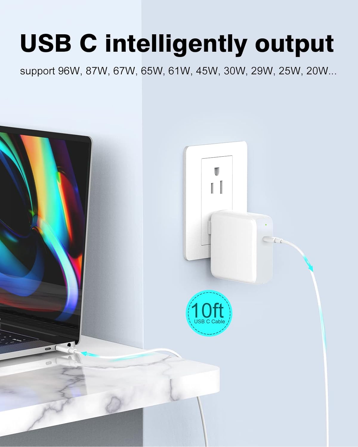 Charger for MacBook Pro 10FT, 96W USB C Charger Power Adapter for MacBook Pro 16, 15, 14, 13 inch 2024, 2023, 2022 2021, 2020, M1 M2 M3 MacBook Air, LED, 100W USB-C Cable Charging as Fast as MagSafe 3 - Image 8
