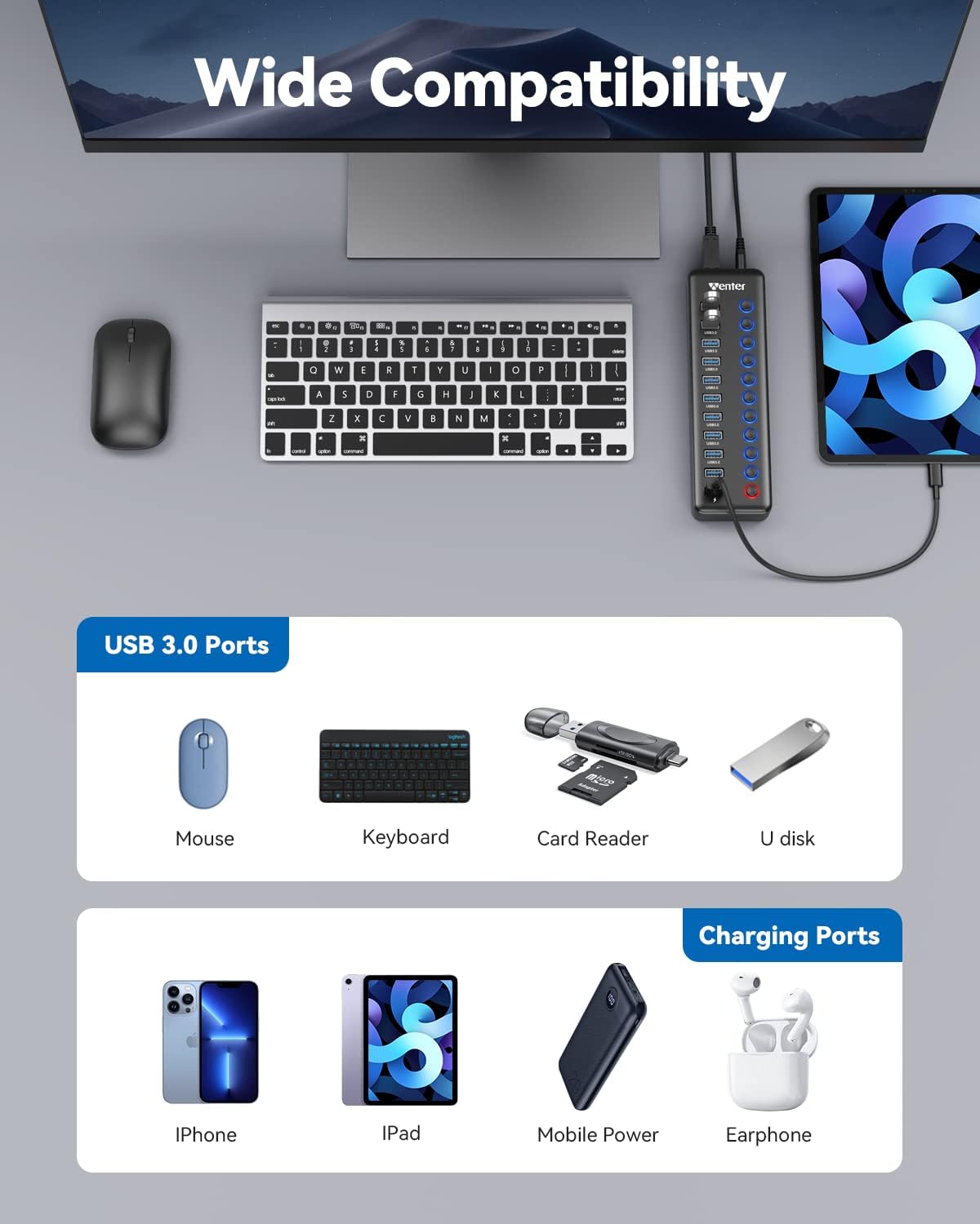 Powered USB Hub, Wenter 11-Port USB Splitter Hub (10 Faster Data Transfer Ports+ 1 Smart Charging Port) with Individual LED On/Off Switches, USB Hub 3.0 Powered with Power Adapter for Mac, PC - Image 5