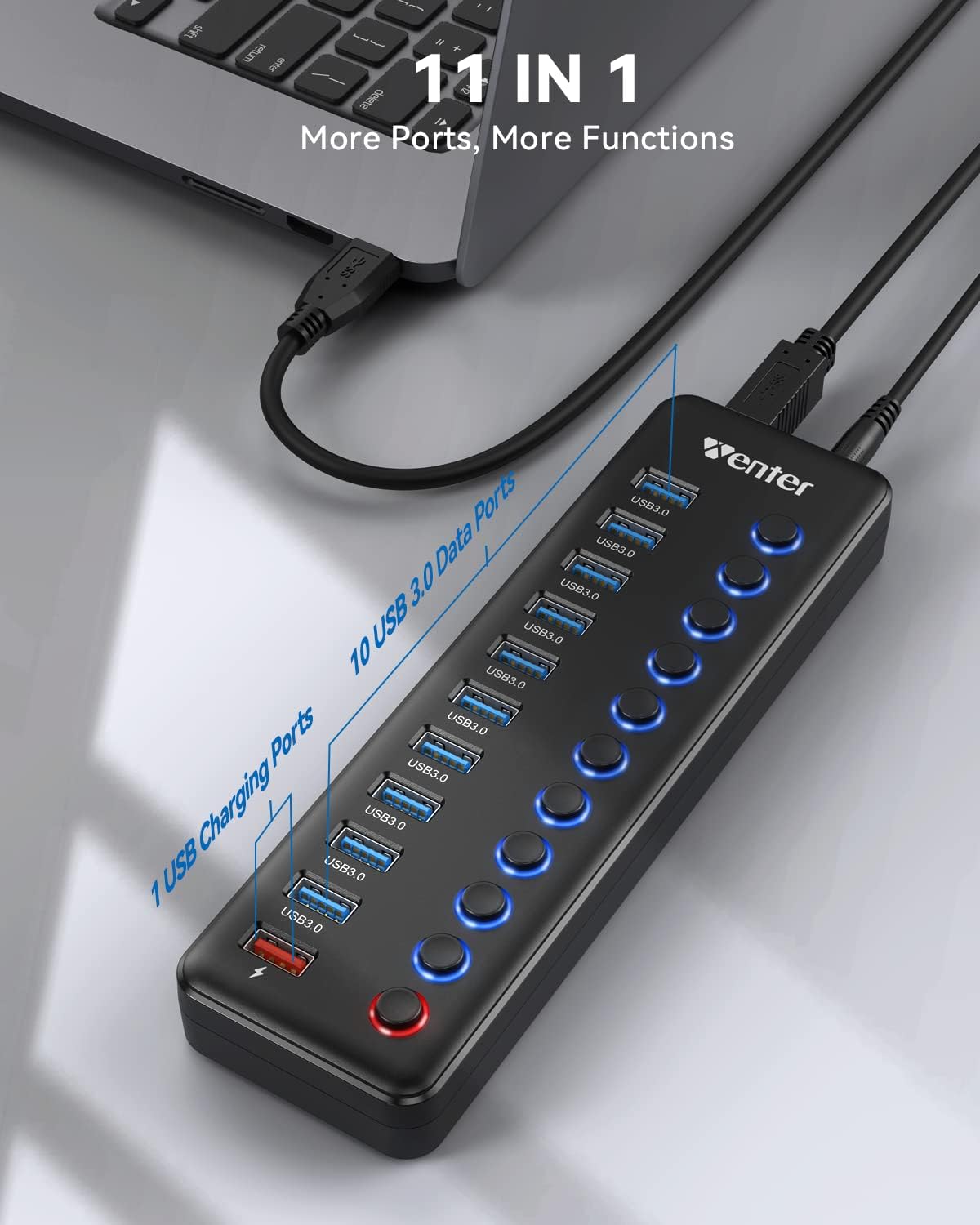 Powered USB Hub, Wenter 11-Port USB Splitter Hub (10 Faster Data Transfer Ports+ 1 Smart Charging Port) with Individual LED On/Off Switches, USB Hub 3.0 Powered with Power Adapter for Mac, PC - Image 7
