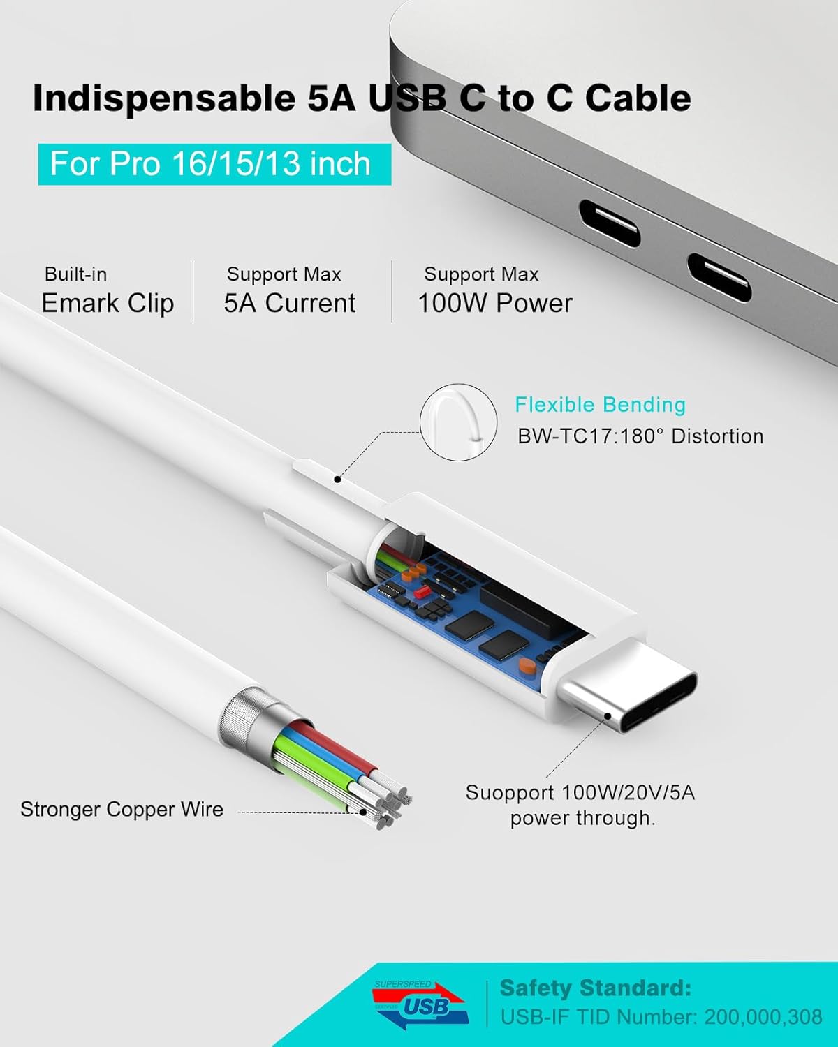 Charger for MacBook Pro 10FT, 96W USB C Charger Power Adapter for MacBook Pro 16, 15, 14, 13 inch 2024, 2023, 2022 2021, 2020, M1 M2 M3 MacBook Air, LED, 100W USB-C Cable Charging as Fast as MagSafe 3 - Image 5