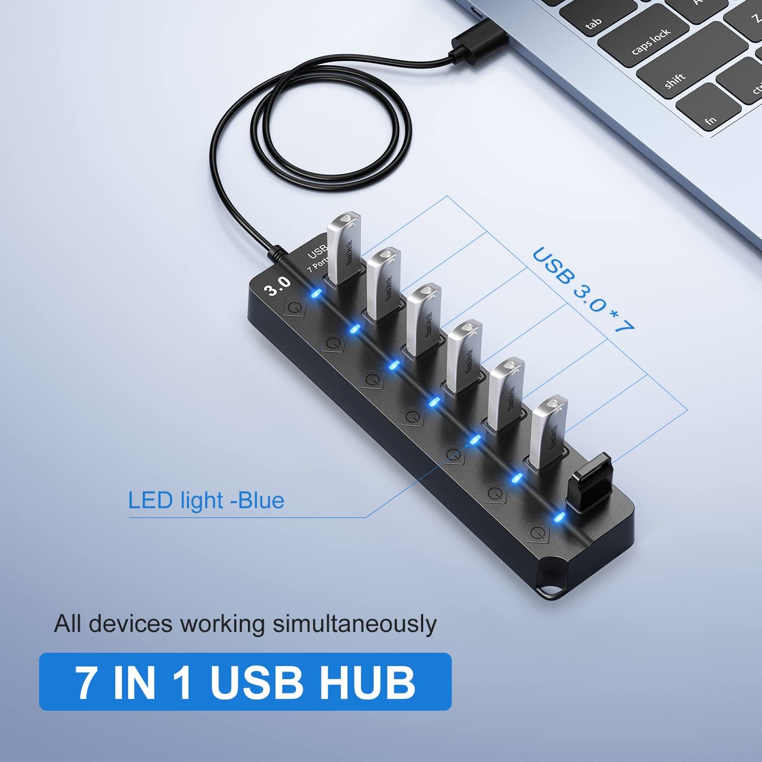 USB Hub 3.0, 7-Port USB Hub Splitter with Individual On/Off Switches and Lights, 3.2ft/1m Long Cable Compatible with MacBook, Laptop, Surface Pro, PS4, PC, Flash Drive, Mobile HDD - Image 3