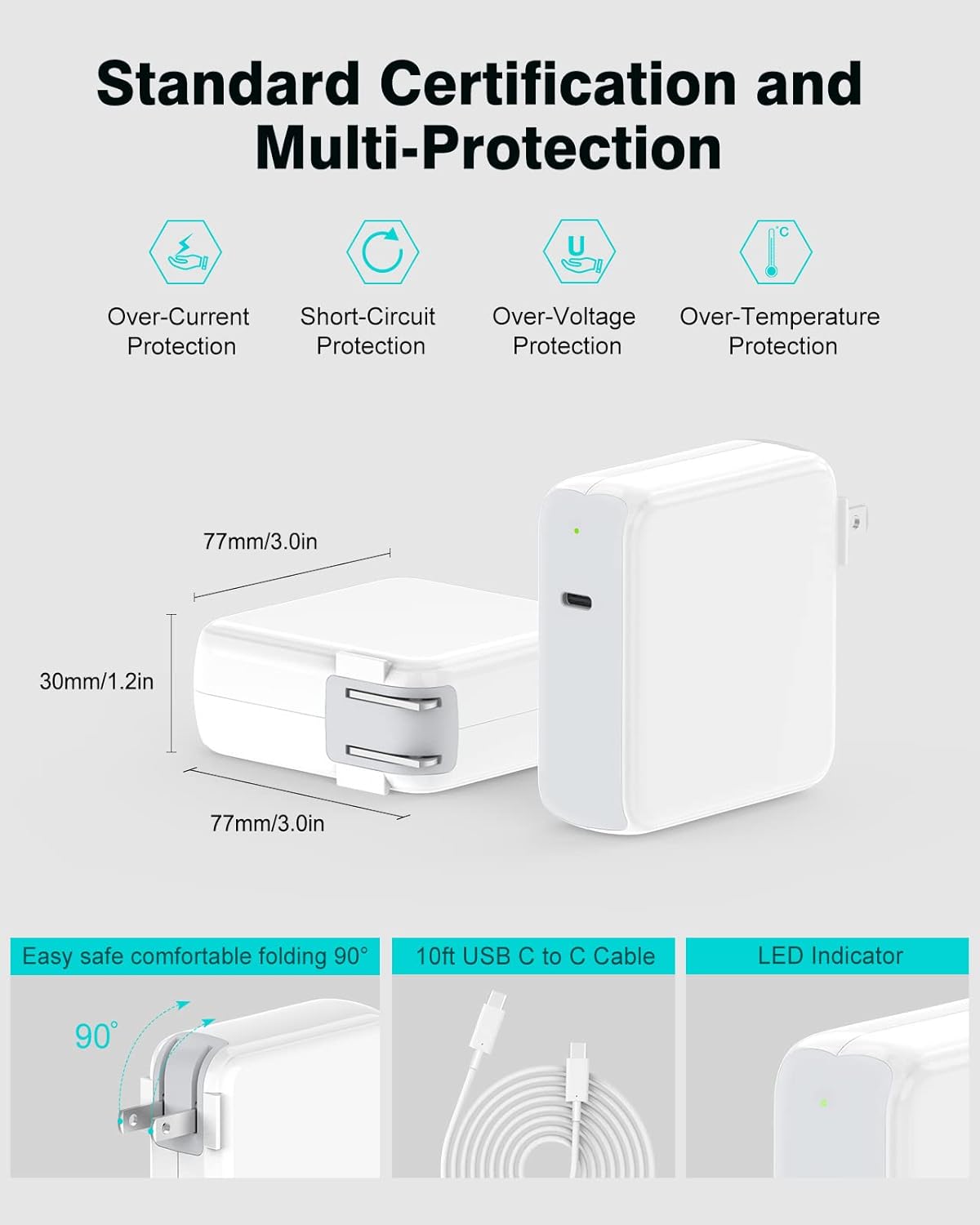 Charger for MacBook Pro 10FT, 96W USB C Charger Power Adapter for MacBook Pro 16, 15, 14, 13 inch 2024, 2023, 2022 2021, 2020, M1 M2 M3 MacBook Air, LED, 100W USB-C Cable Charging as Fast as MagSafe 3 - Image 6