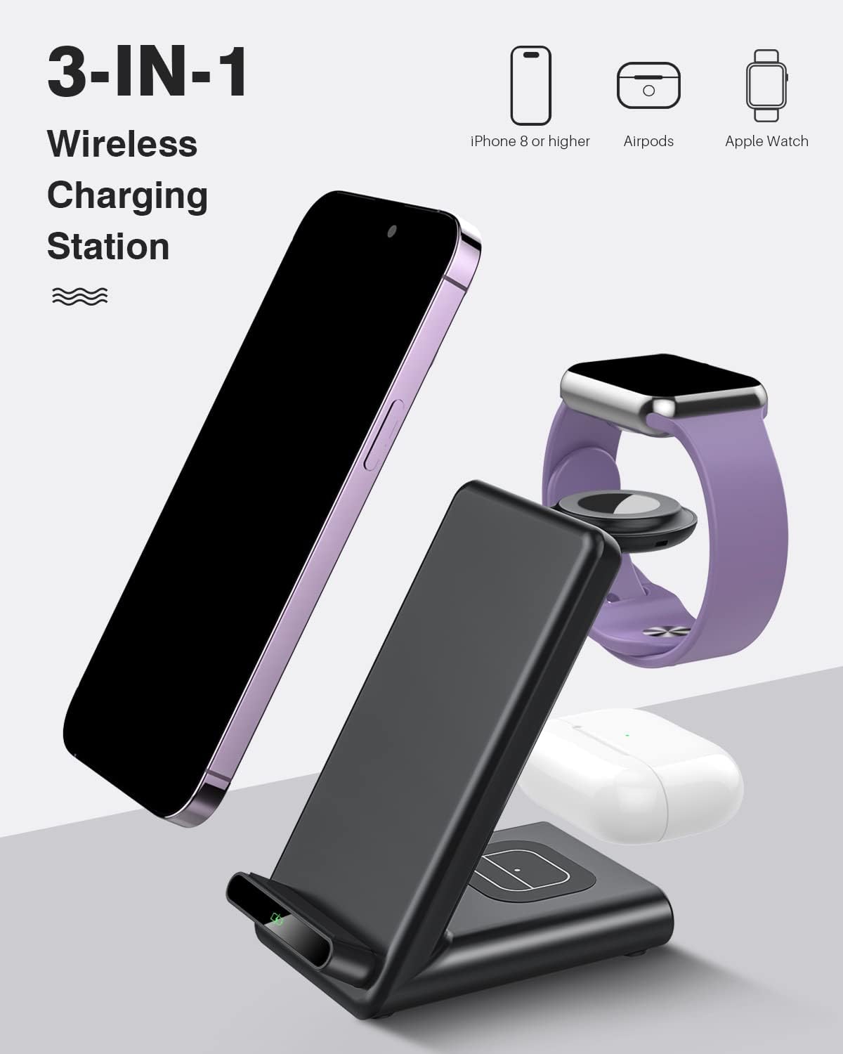 Wireless Charging Station,3 in 1 Wireless Charging Stand Made for Apple Watch Ultra 10 9 8 7 6 SE 5 4 3,Fast Wireless Charger Made for iPhone 16/15/14/13/12/11/X,for AirPods Pro(with Adapter) - Image 4