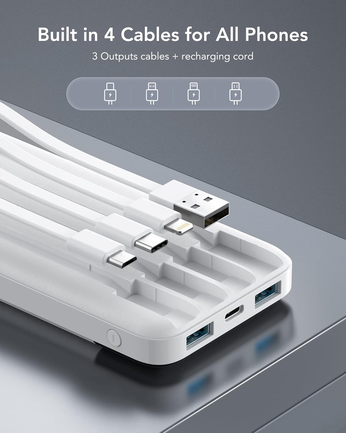 Portable Charger with Built in Cables, Portable Charger with Cords Wires Slim 10000mAh Travel Battery Pack 6 Outputs 3 Inputs 3A Fast Charging Power Bank for Samsung Google Pixel LG Moto iPhone iPad - Image 3