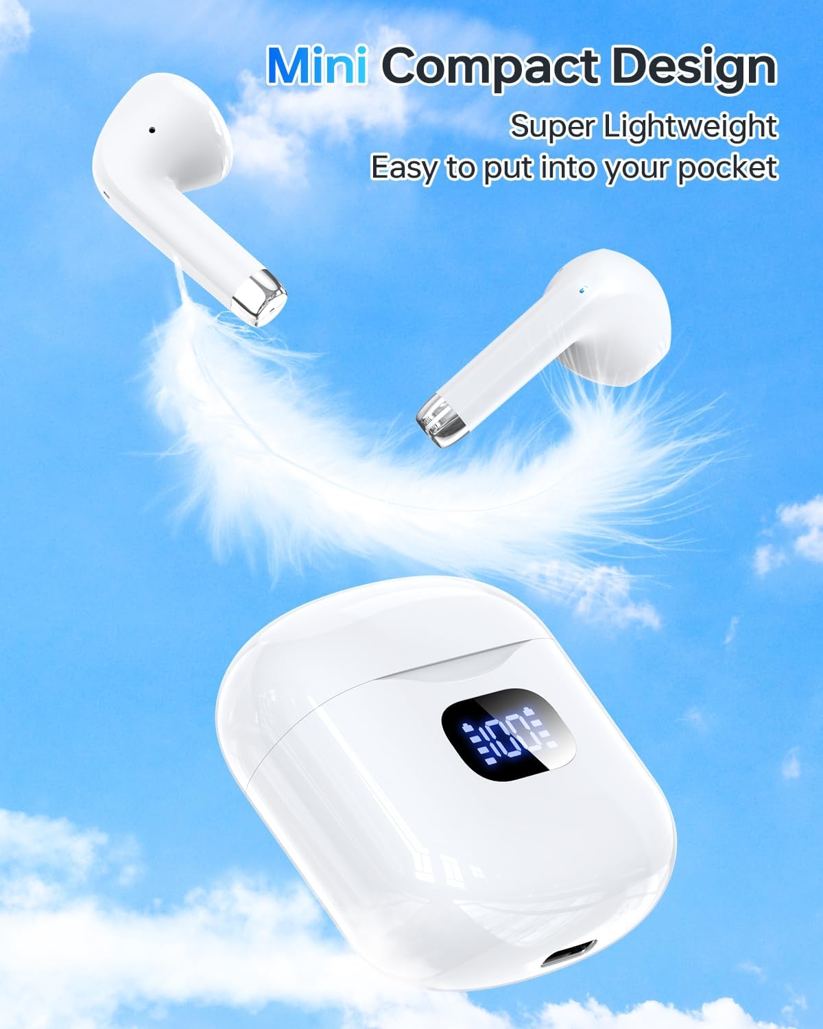 Wireless Earbuds Bluetooth 5.3 Headphones, 40Hrs Playback Stereo Ear Buds with LED Display Charging Case IPX7 Waterproof in-Ear Earphones with Mic for Phone Tablet Laptop Sports, White - Image 7