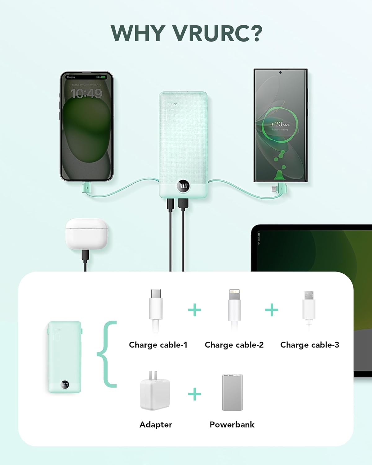 VRURC Portable Charger Built-in Cables and AC Wall Plug, USB C Power Bank 10000mAh, Travel Battery Portable Phone Charger Compact Lightweight External Battery Pack for Smart Phones, Tablets etc-Green - Image 5