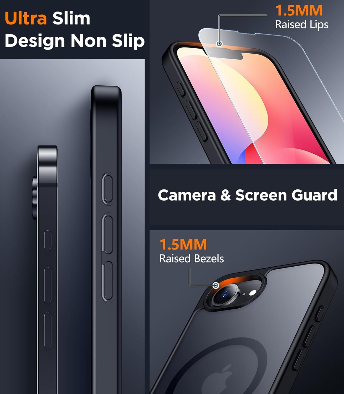 SPIDERCASE Designed for iPhone 16e Case, Magnetic Translucent Matte Case with 2PCS Tempered Glass Screen Protector Anti-Scratch Slim Phone Case for iPhone 16E 2025 6.1'', Black - Image 5