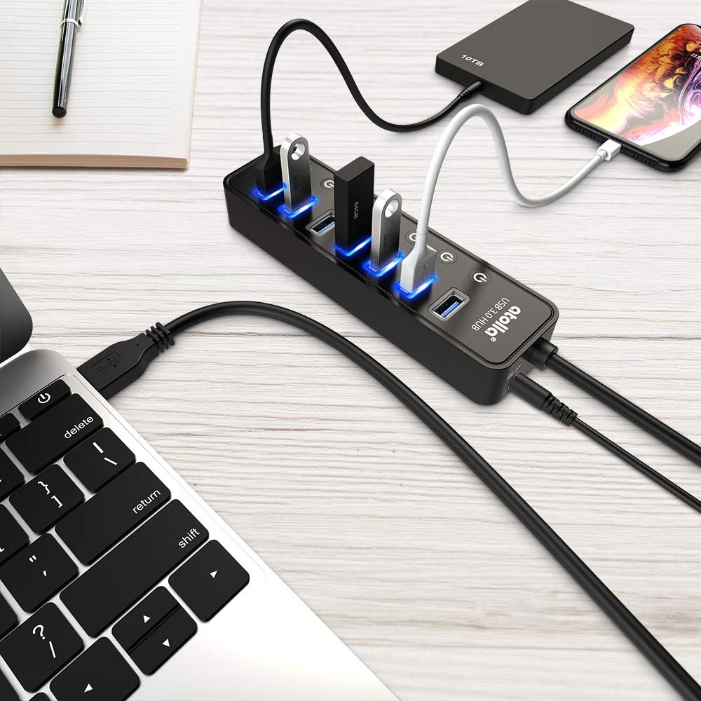 Powered USB Hub 3.0, Atolla 7-Port USB Data Hub Splitter with One Smart Charging Port and Individual On/Off Switches and 5V/4A Power Adapter USB Extension for MacBook, Mac Pro/Mini and More. - Image 6