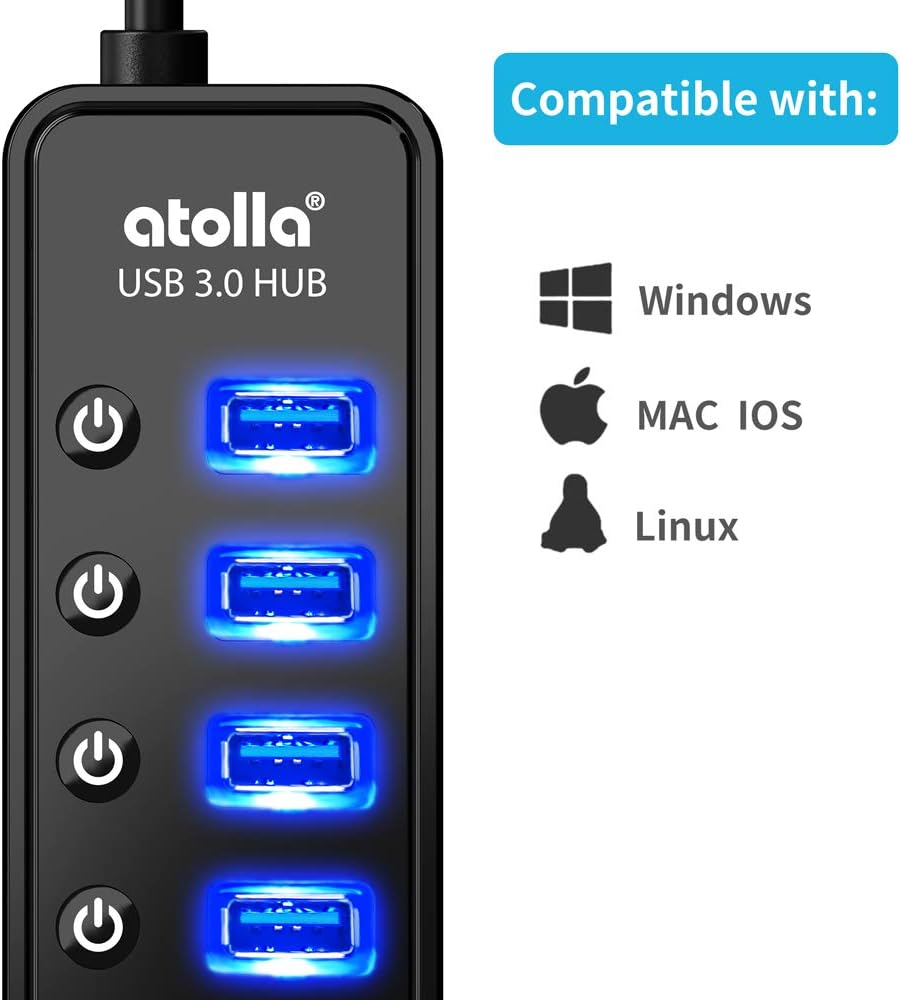Powered USB Hub 3.0, Atolla 7-Port USB Data Hub Splitter with One Smart Charging Port and Individual On/Off Switches and 5V/4A Power Adapter USB Extension for MacBook, Mac Pro/Mini and More. - Image 5