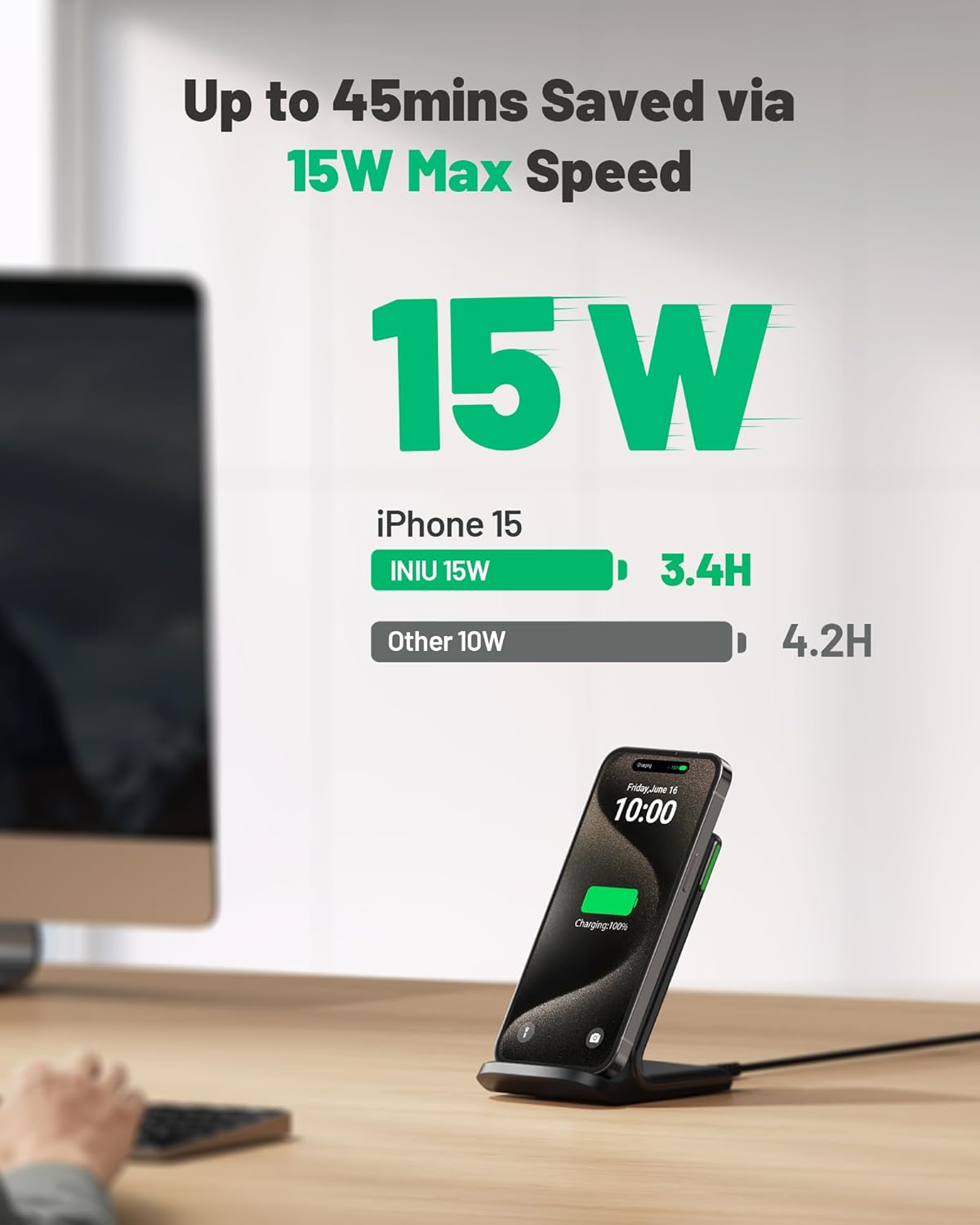 INIU Wireless Charger, 15W Fast Qi-Certified Wireless Charging Station with Sleep-Friendly Adaptive Light Compatible with iPhone 16 15 14 13 Pro XS 8 Plus Samsung Galaxy S25 S24 S23 Note 20 Google etc - Image 3