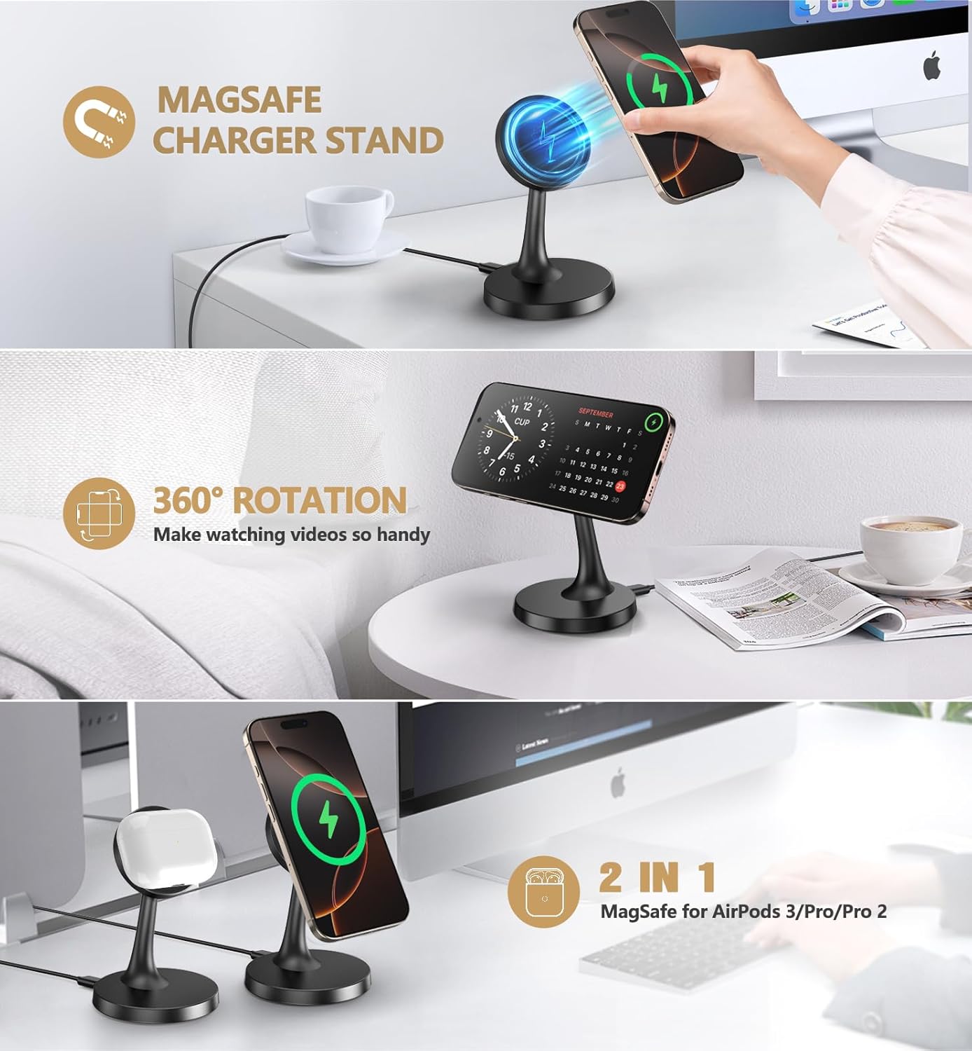 Magnetic Wireless Charger iPhone Stand 15W Fast Mag-Safe Charger for iPhone 16/16 Pro/16 Plus/16 Pro Max/15/14/13/12 Series Apple Magnet Wireless Charging Station/Pad for AirPods - Image 4