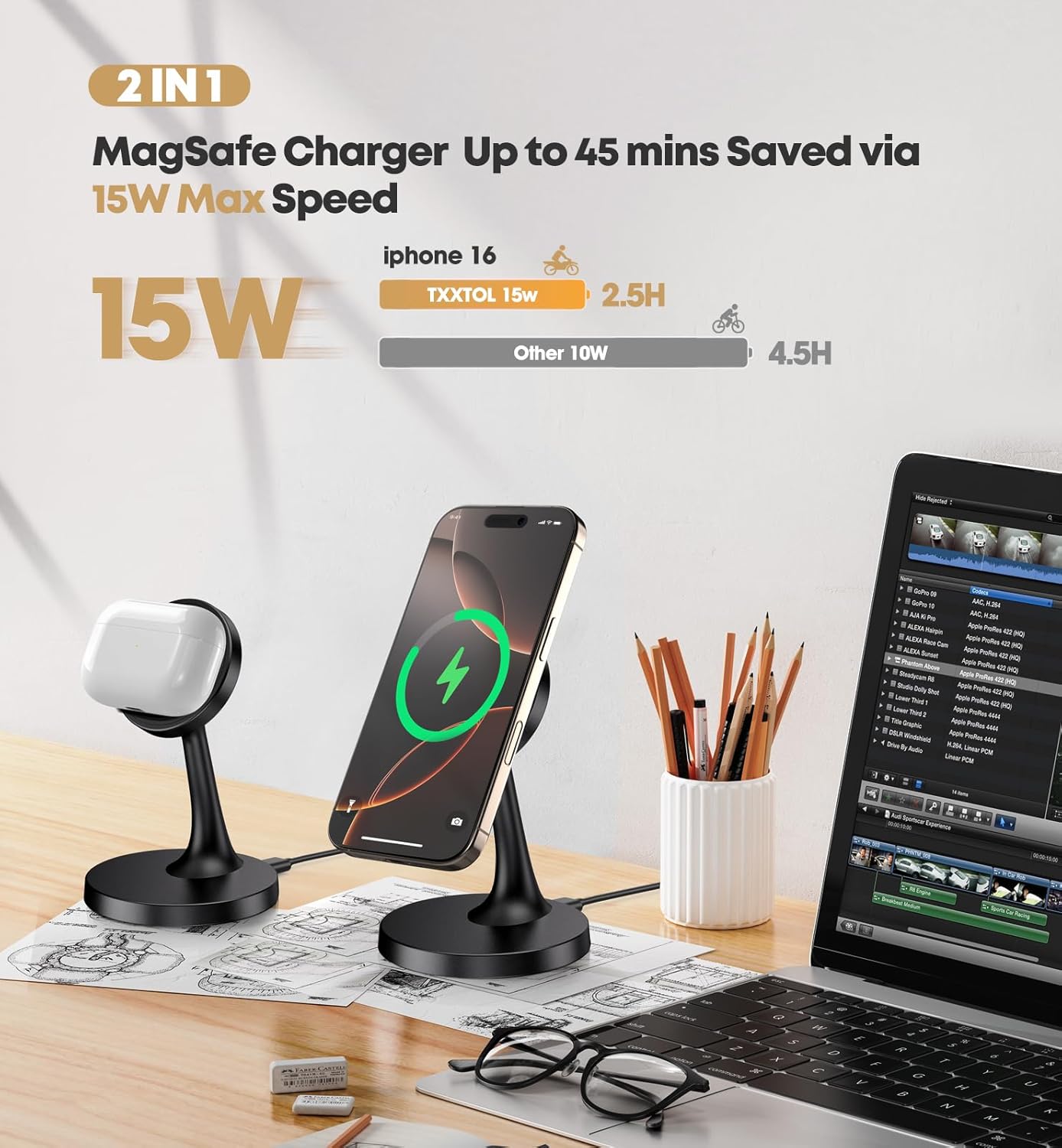 Magnetic Wireless Charger iPhone Stand 15W Fast Mag-Safe Charger for iPhone 16/16 Pro/16 Plus/16 Pro Max/15/14/13/12 Series Apple Magnet Wireless Charging Station/Pad for AirPods - Image 3