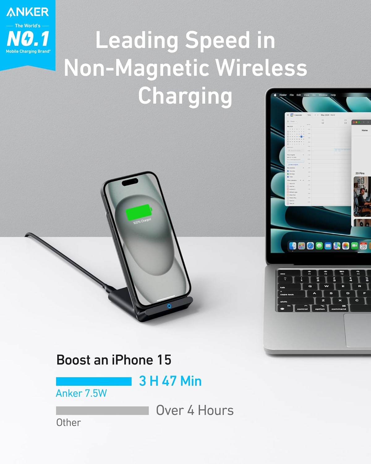 Anker 313 Wireless Charging Stand, Qi-Certified for iPhone 16/16 Pro/16 Pro Max/15/14/13, 10W Fast Charging for Galaxy S23/S22/S21 (No AC Adapter) - Image 3