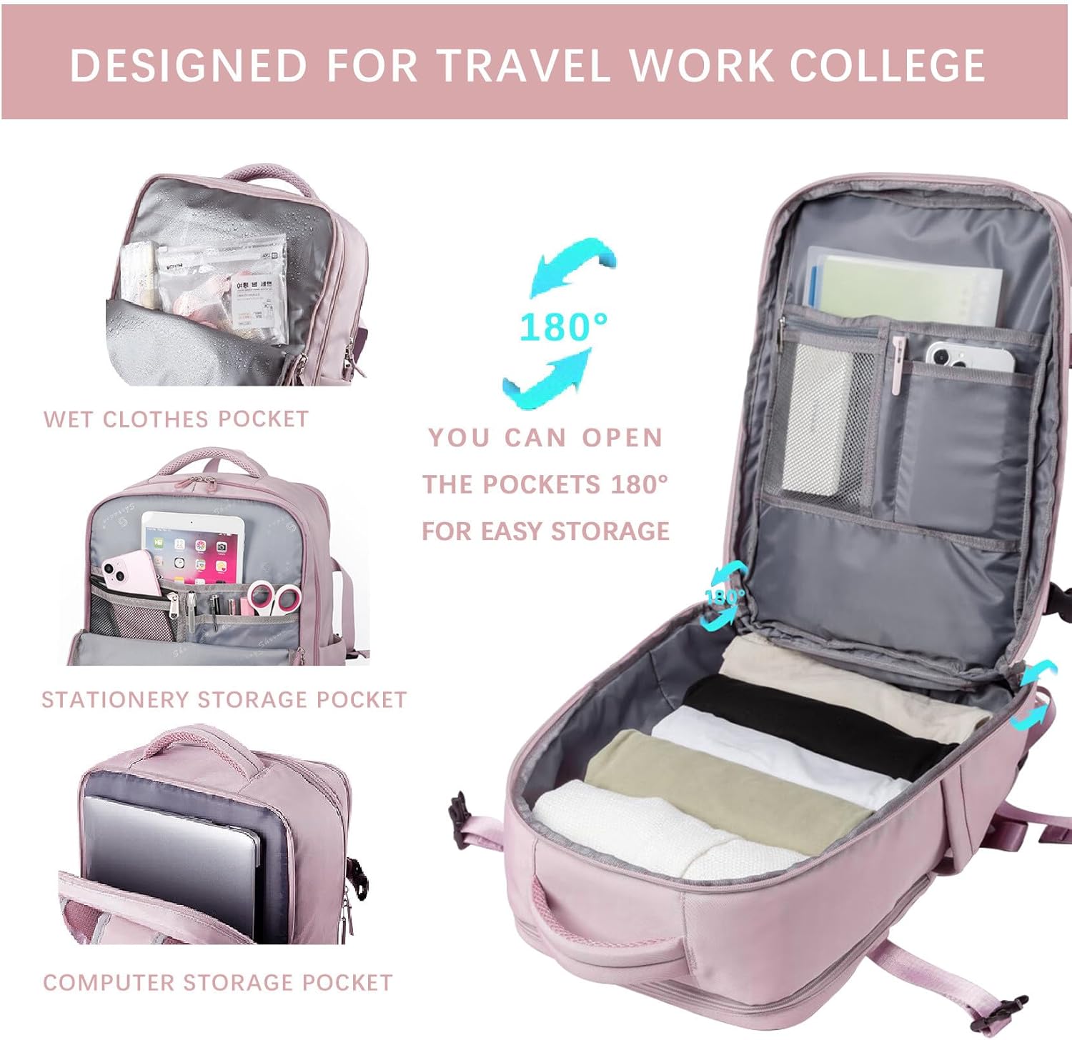 SHRRADOO Travel Laptops Backpack for Women Men, Casual Work Bag 17inch Backpack Airline Approved Backpack for Hiking Business (Pink khaki) - Image 6