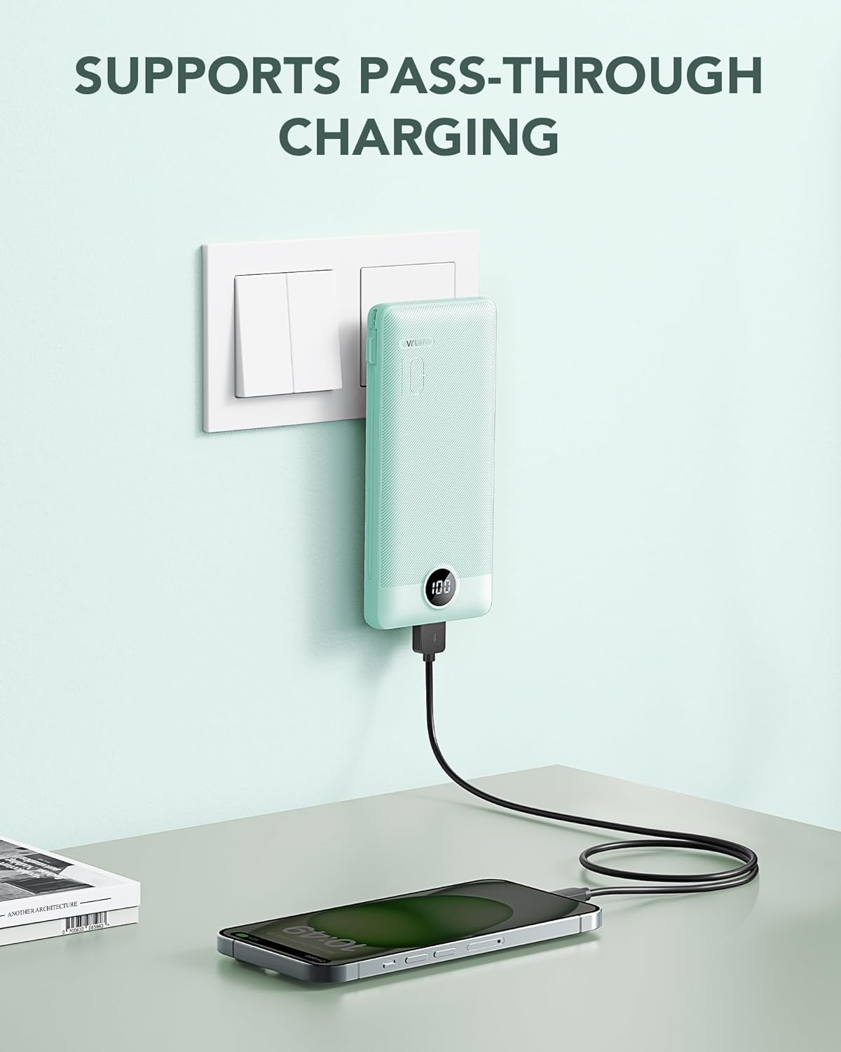 VRURC Portable Charger Built-in Cables and AC Wall Plug, USB C Power Bank 10000mAh, Travel Battery Portable Phone Charger Compact Lightweight External Battery Pack for Smart Phones, Tablets etc-Green - Image 3