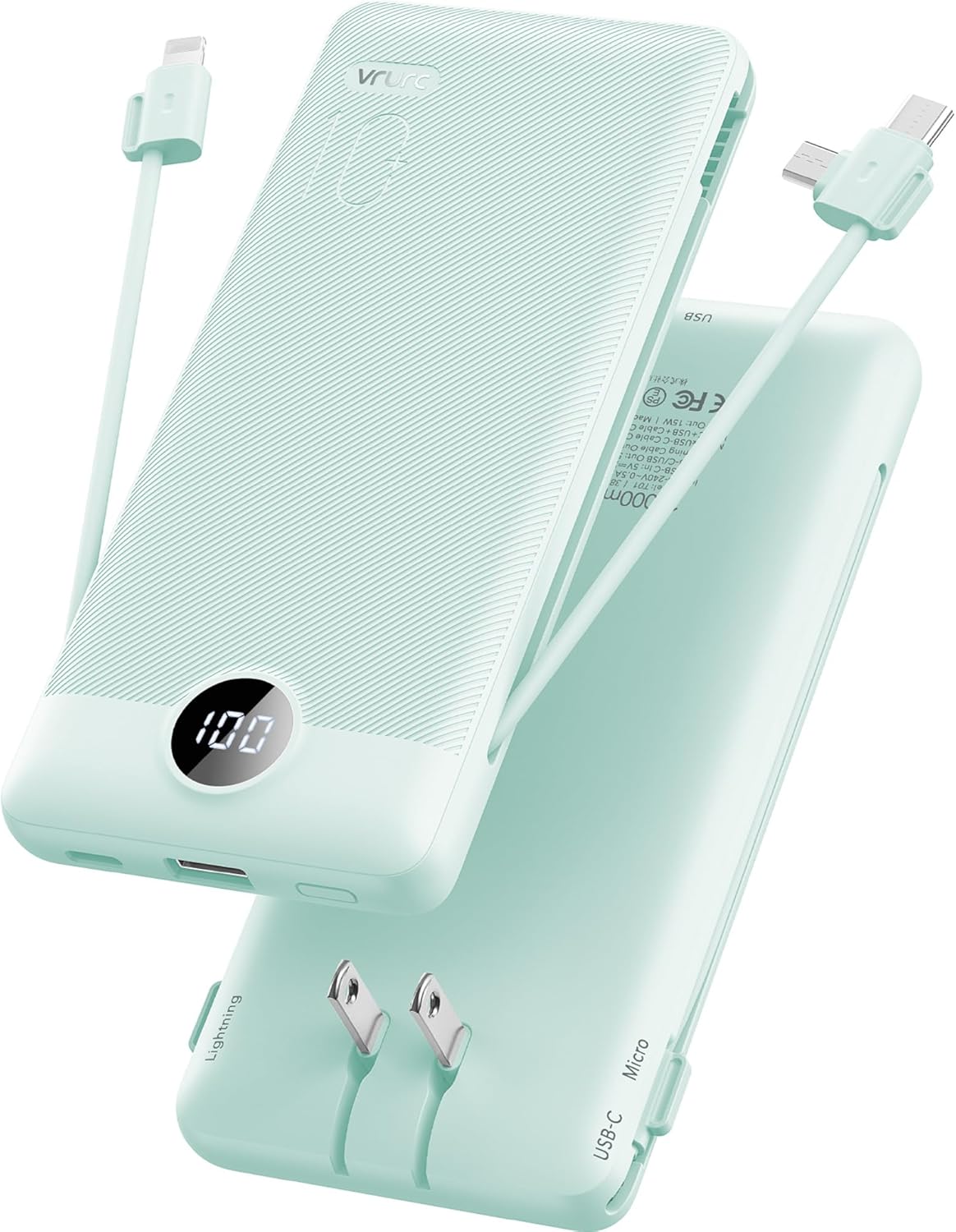 VRURC Portable Charger Built-in Cables and AC Wall Plug, USB C Power Bank 10000mAh, Travel Battery Portable Phone Charger Compact Lightweight External Battery Pack for Smart Phones, Tablets etc-Green - Image 2
