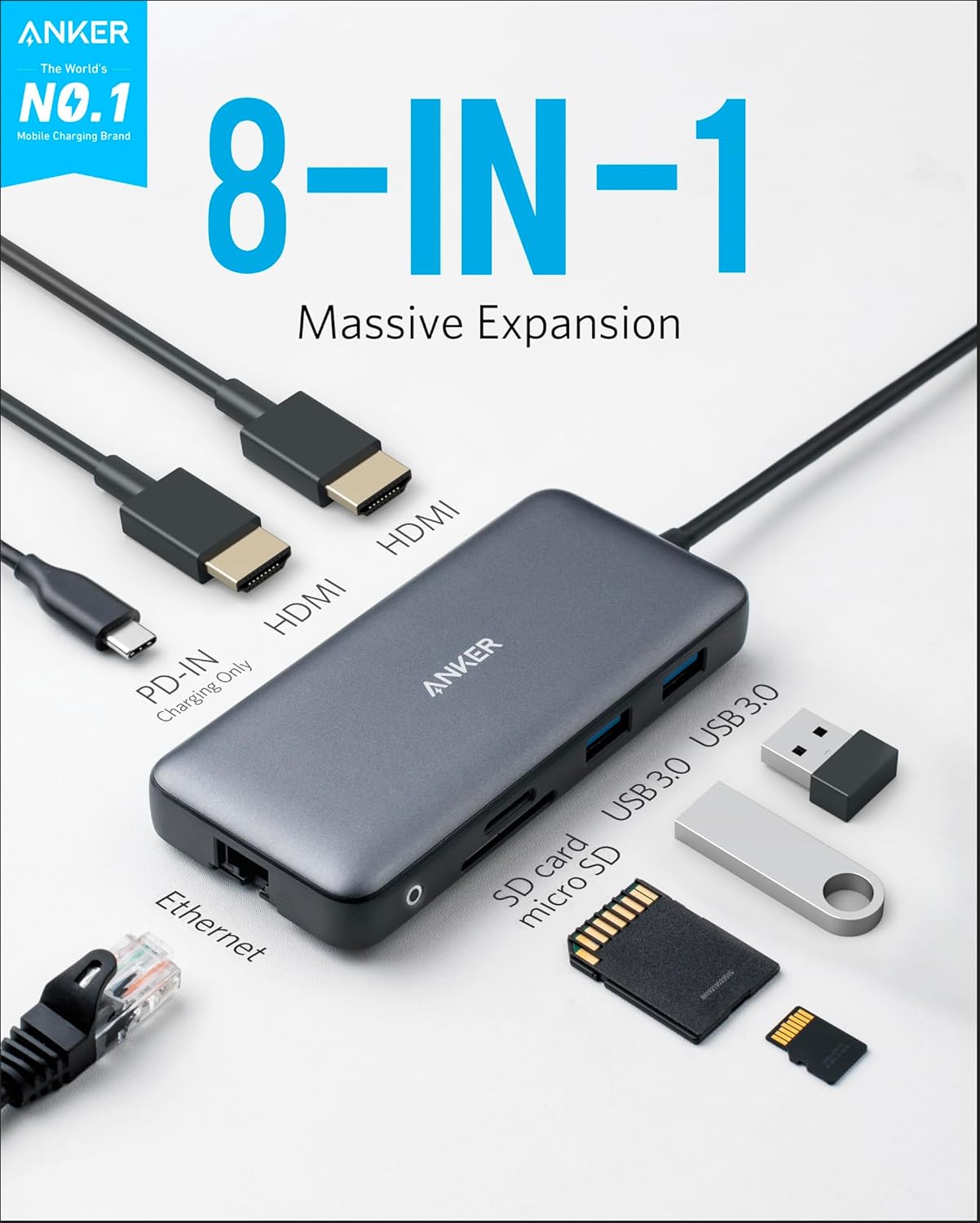 Anker Laptop Docking Station, 8-in-1 USB-C Hub, 4K Dual Monitor USB C Adapter with 2 HDMI, 1 Gbps Ethernet USB Hub, 100W Power Delivery, SD Card Reader for MacBook Pro, XPS and More - Image 3