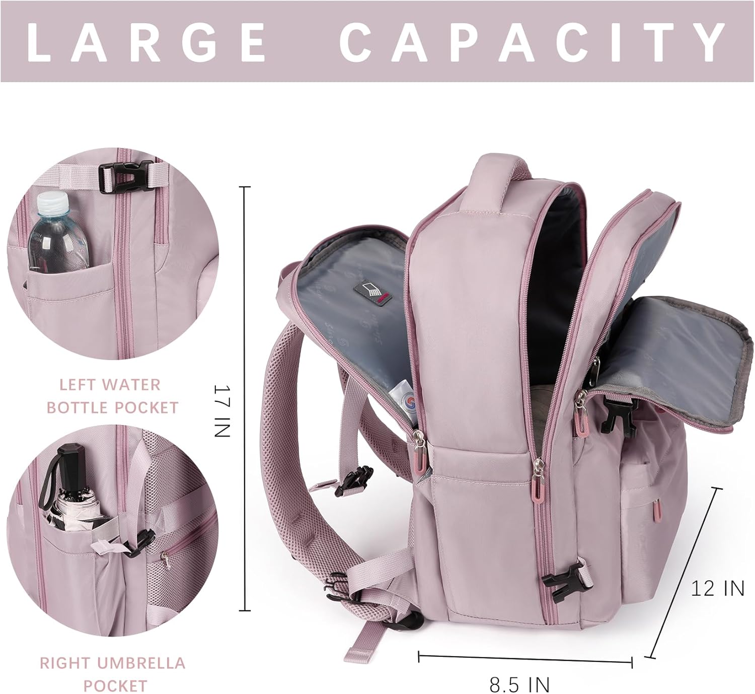 SHRRADOO Travel Laptops Backpack for Women Men, Casual Work Bag 17inch Backpack Airline Approved Backpack for Hiking Business (Pink khaki) - Image 4