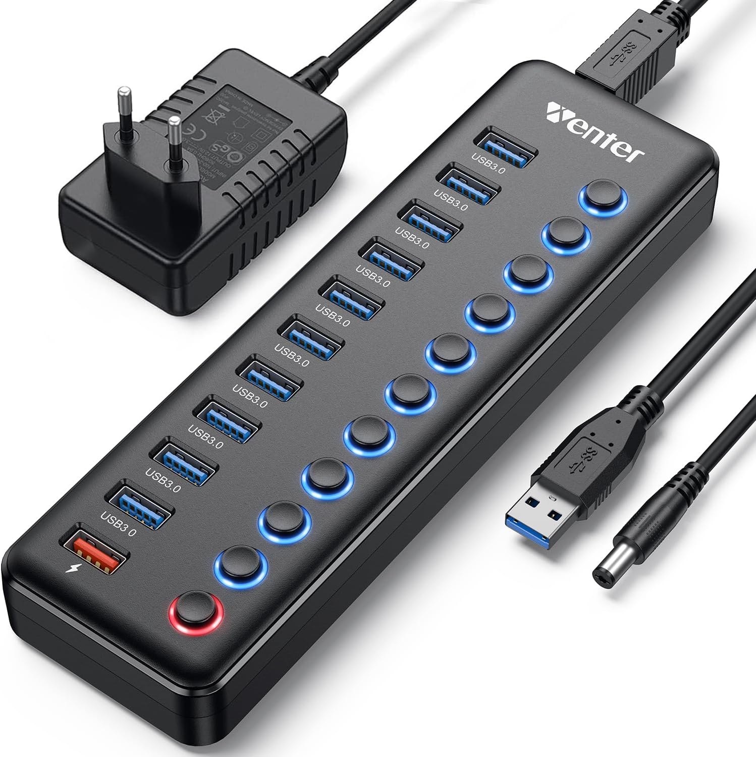 Powered USB Hub, Wenter 11-Port USB Splitter Hub (10 Faster Data Transfer Ports+ 1 Smart Charging Port) with Individual LED On/Off Switches, USB Hub 3.0 Powered with Power Adapter for Mac, PC - Image 2