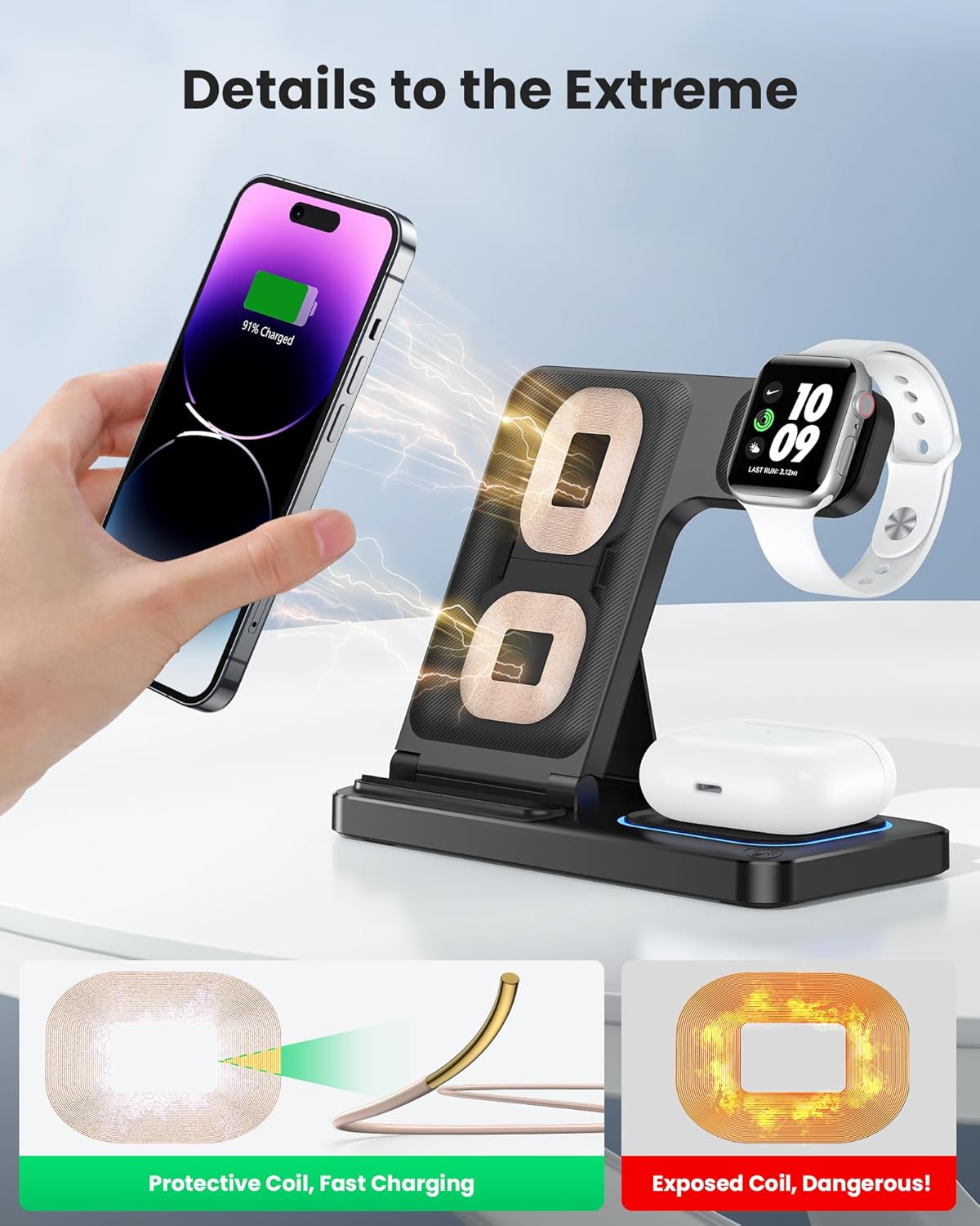 DUMTERR 3 in 1 Wireless Charger for iPhone 16/15/14/13/12,Wireless Charging Station for Apple Devices, Charging Stand for Apple Watch Series 10, for AirPods 4 (Black) - Image 3