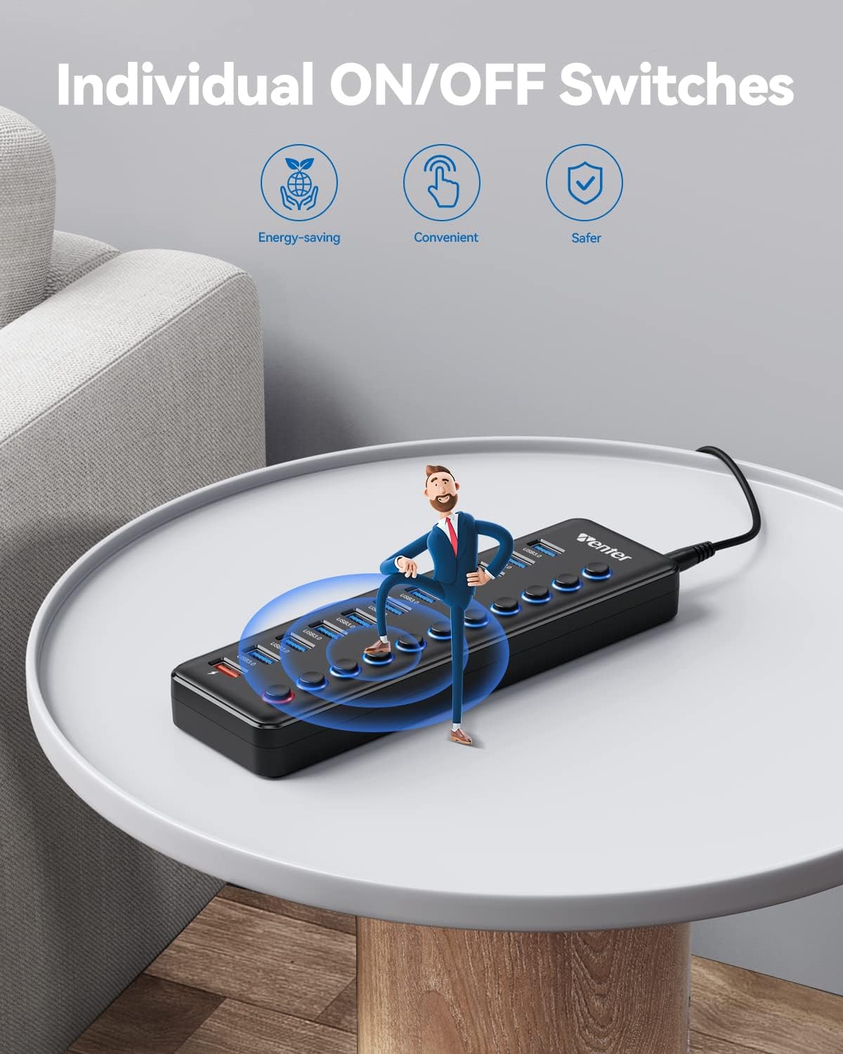 Powered USB Hub, Wenter 11-Port USB Splitter Hub (10 Faster Data Transfer Ports+ 1 Smart Charging Port) with Individual LED On/Off Switches, USB Hub 3.0 Powered with Power Adapter for Mac, PC - Image 3