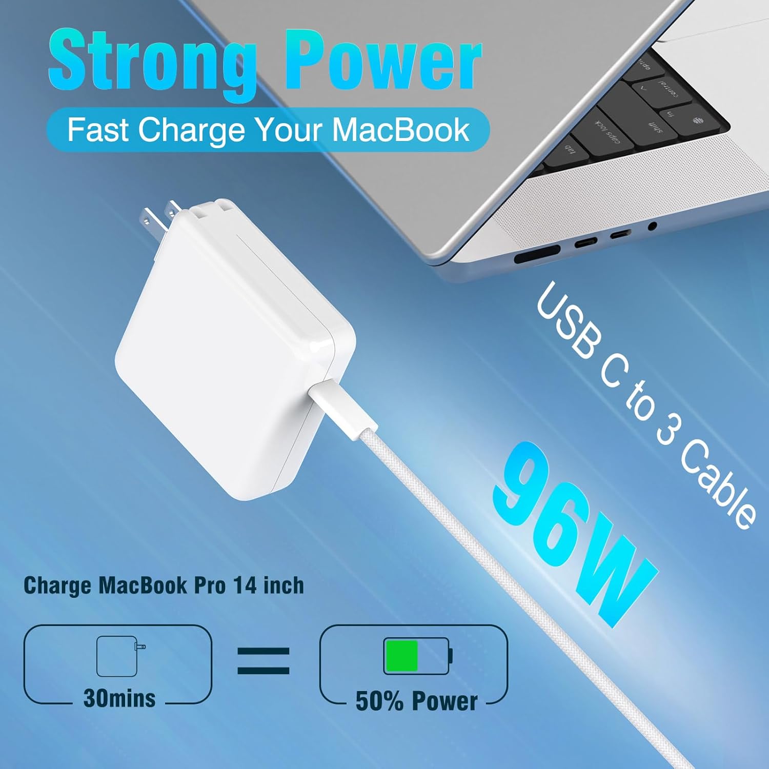 Charger for MacBook Pro 14 16 inch 2024 2023 2022 2021 M4 M3 M2 M1, M2 M3 MacBook Air 13 15 inch, 96W / 70W USB C Power Adapter, 6.6FT USB C to 3 Braided Cable LED, Powerful Connect, Original Quality - Image 3