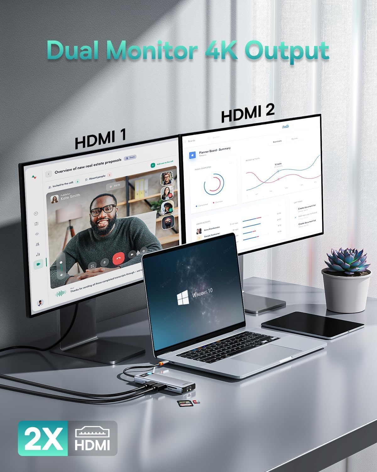 Baseus Laptop Docking Station Dual Monitor 4K@120Hz, 9 in 1 USB C Hub with 2 HDMI, 1000Mbps LAN, Max 85W PD, 3 USB, SD Card Reader, USB C Dock Compatible with iPhone 15/Mac/Dell/HP/Surface/Steam Deck - Image 4