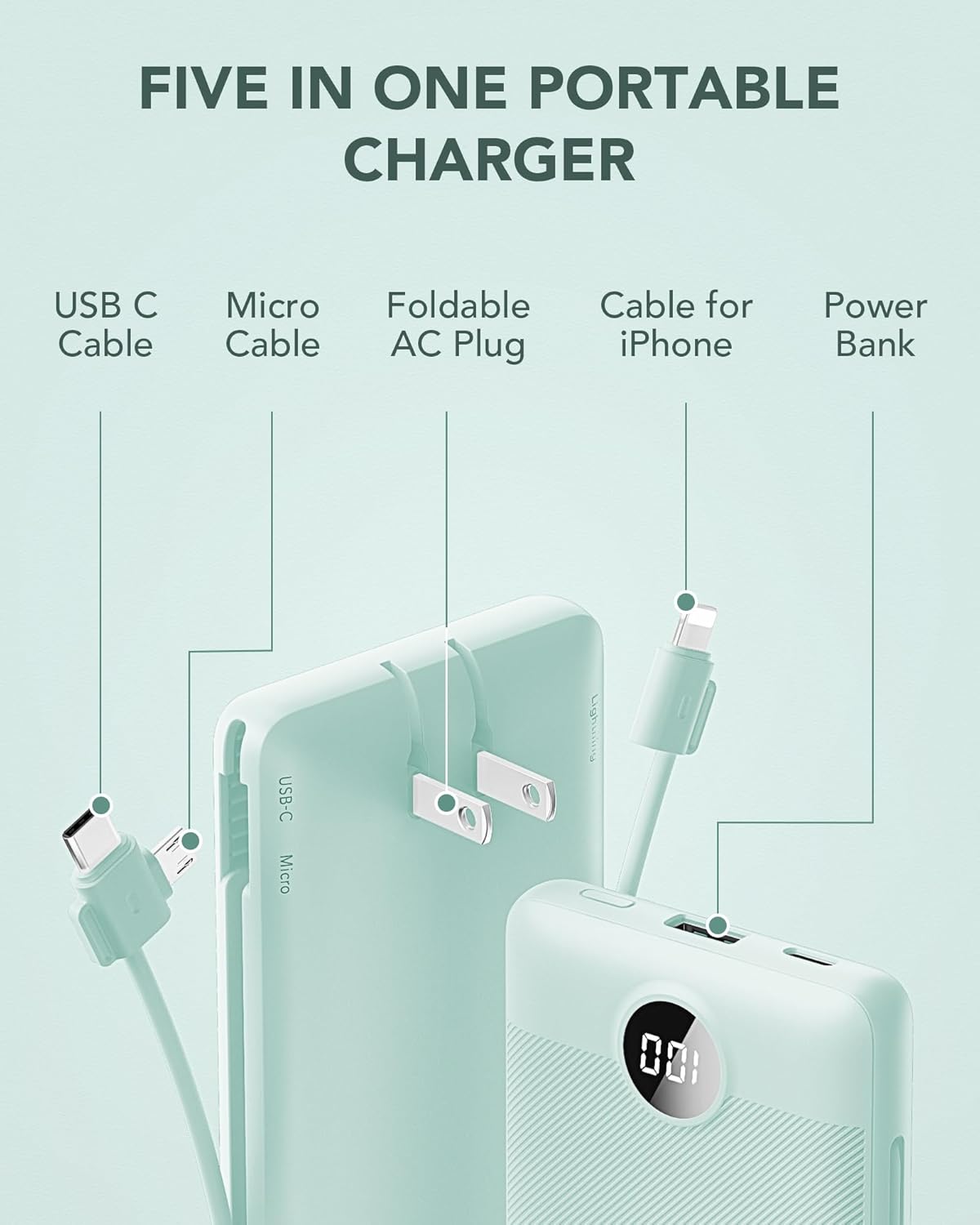VRURC Portable Charger Built-in Cables and AC Wall Plug, USB C Power Bank 10000mAh, Travel Battery Portable Phone Charger Compact Lightweight External Battery Pack for Smart Phones, Tablets etc-Green - Image 4