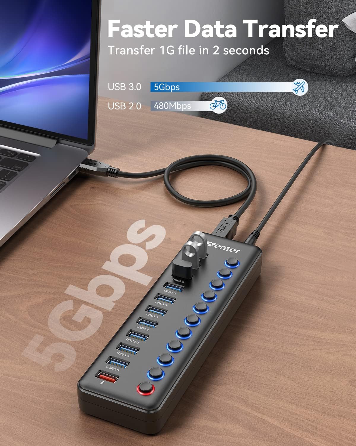 Powered USB Hub, Wenter 11-Port USB Splitter Hub (10 Faster Data Transfer Ports+ 1 Smart Charging Port) with Individual LED On/Off Switches, USB Hub 3.0 Powered with Power Adapter for Mac, PC - Image 6