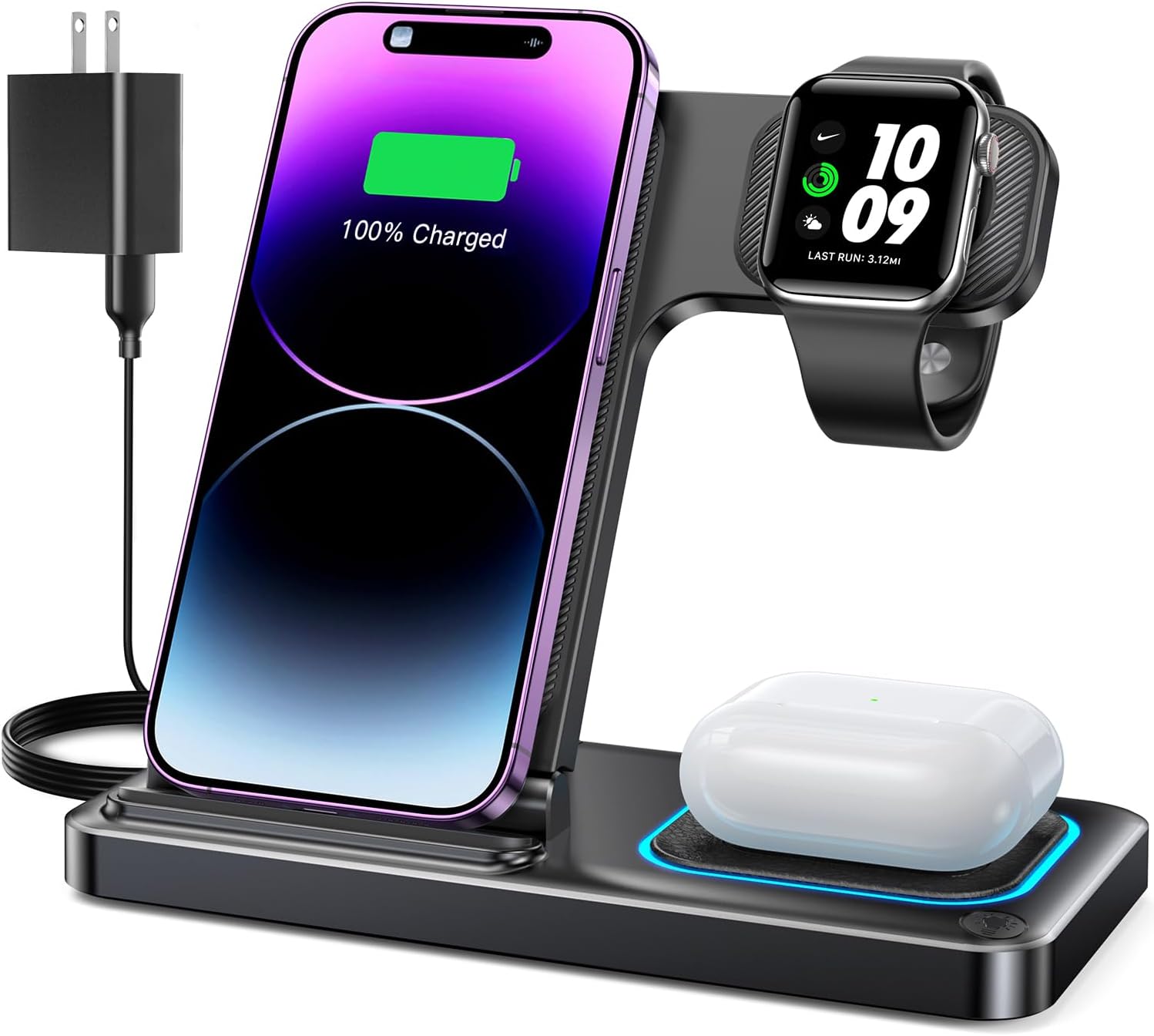 DUMTERR 3 in 1 Wireless Charger for iPhone 16/15/14/13/12,Wireless Charging Station for Apple Devices, Charging Stand for Apple Watch Series 10, for AirPods 4 (Black) - Image 2
