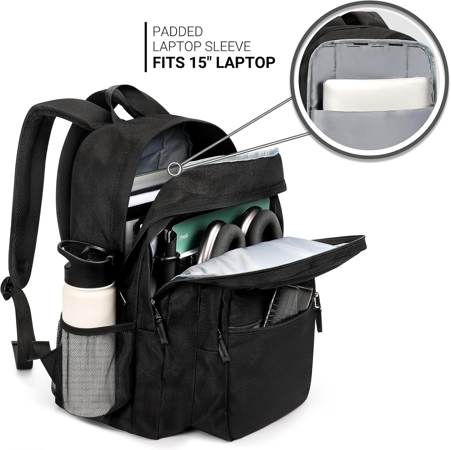ZORFIN 26L Black Backpack for School, College, and Travel: Water Resistant Bookbag with 8 Compartments - Image 5