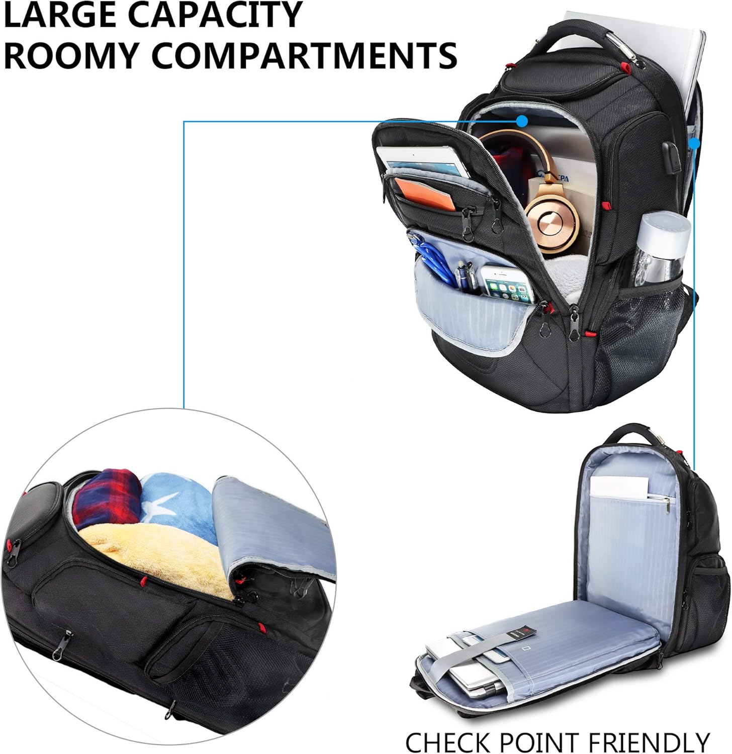 KROSER TSA Friendly Travel Laptop Backpack 17.3 inch XL Computer Backpack Water-Repellent College Daypack Business Backpack with RFID Pockets & USB Port for Men/Women-Black - Image 4