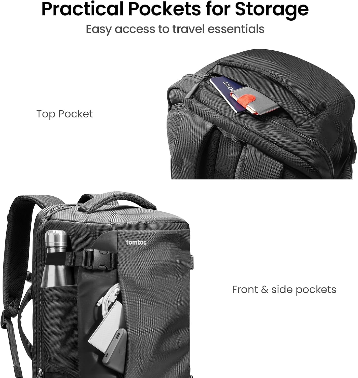 tomtoc Travel Backpack 40L, TSA Friendly Flight Approved Carry-on Luggage Hand Water-resistant Lightweight Business Rucksack, Durable Large Weekender Bag Daypack Fits 17.3 Inch Laptop - Image 6