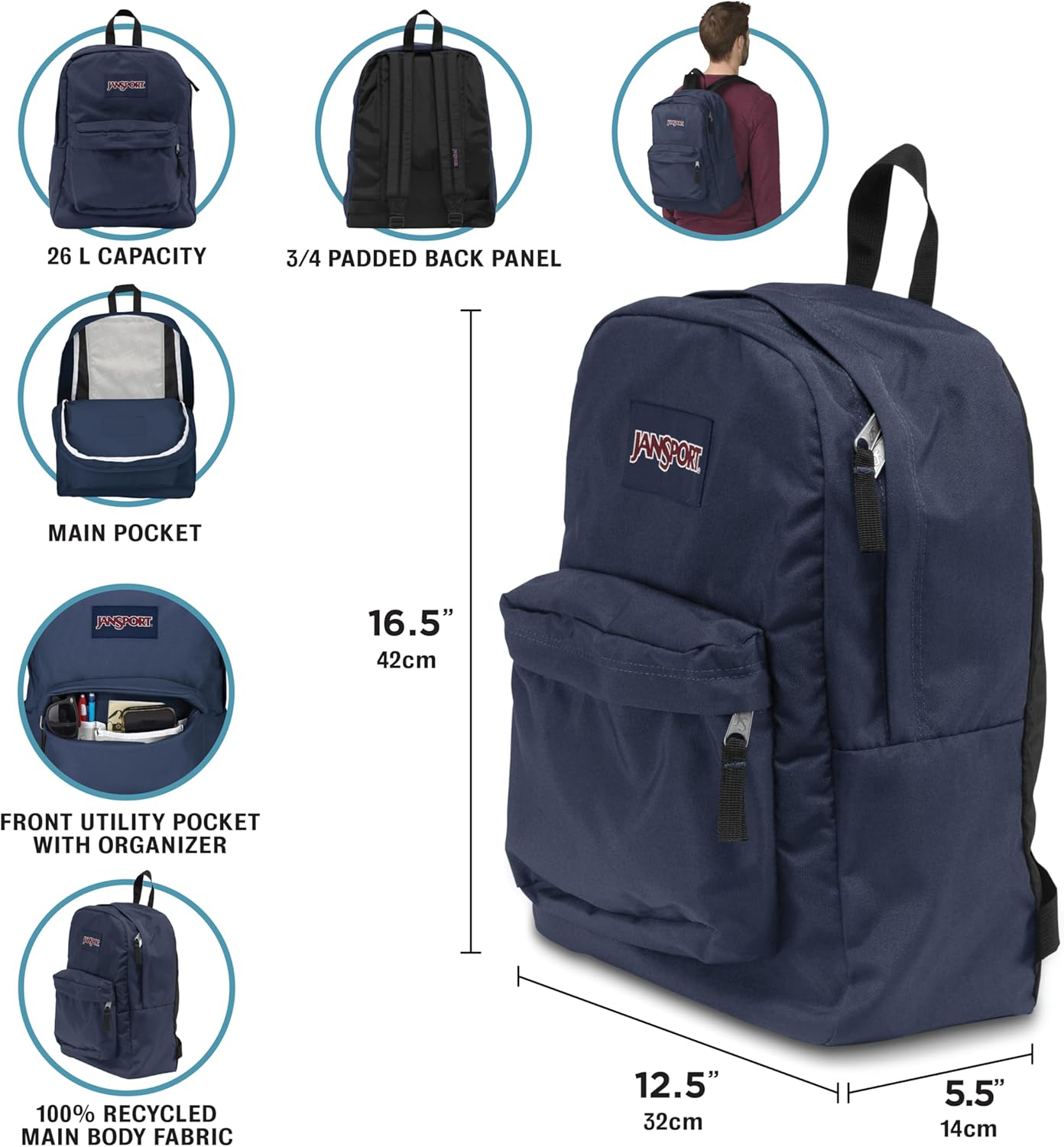 JanSport SuperBreak One Backpacks - Durable, Lightweight Bookbag with 1 Main Compartment, Front Utility Pocket with Built-in Organizer - Premium Backpack, Black - Image 7