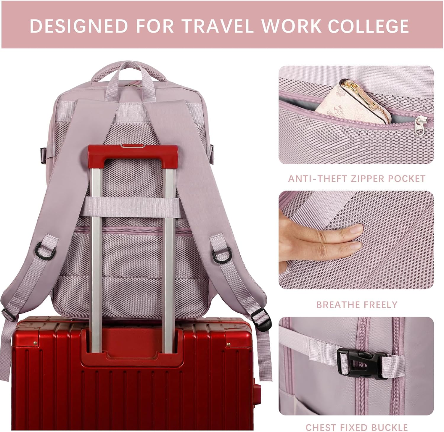 SHRRADOO Travel Laptops Backpack for Women Men, Casual Work Bag 17inch Backpack Airline Approved Backpack for Hiking Business (Pink khaki) - Image 5