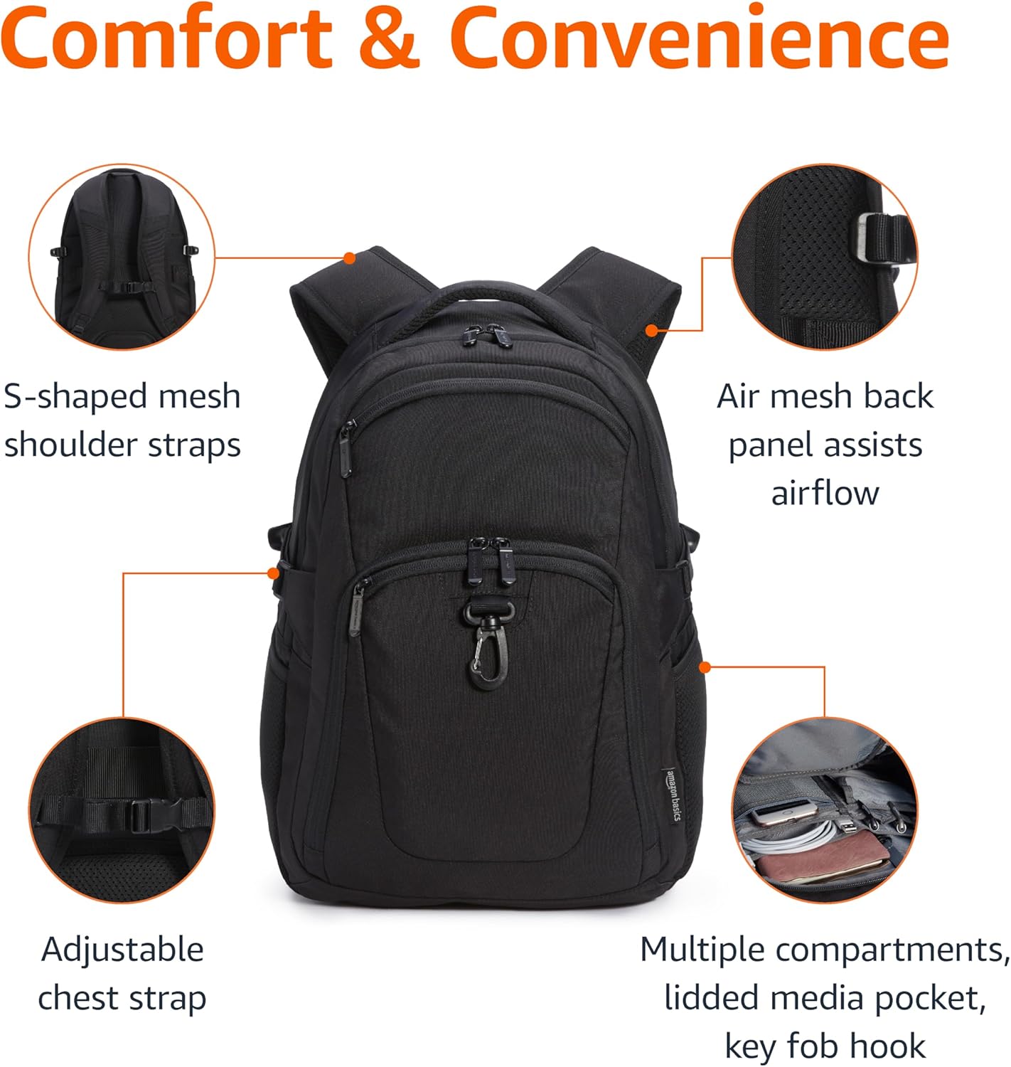 Amazon Basics Travel Laptop Backpack 15.6 inch Laptop, Black - Image 3