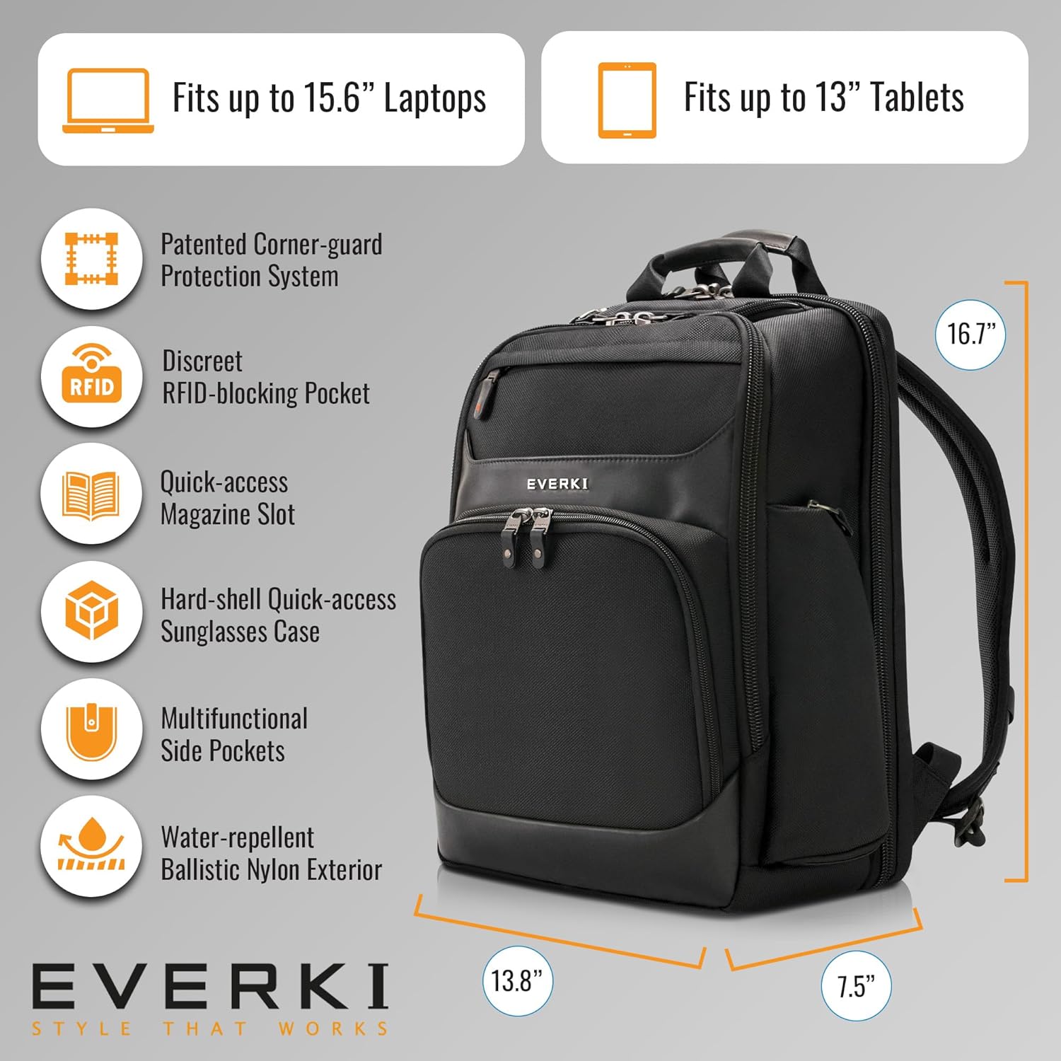 Everki Onyx Premium Business Executive Laptop Backpack 15.6 Inch - Ballistic Nylon and Leather Office Backpack Laptop Bag, Travel Friendly - Dedicated Compartment up to 25L Capacity (EKP132), Black - Image 6